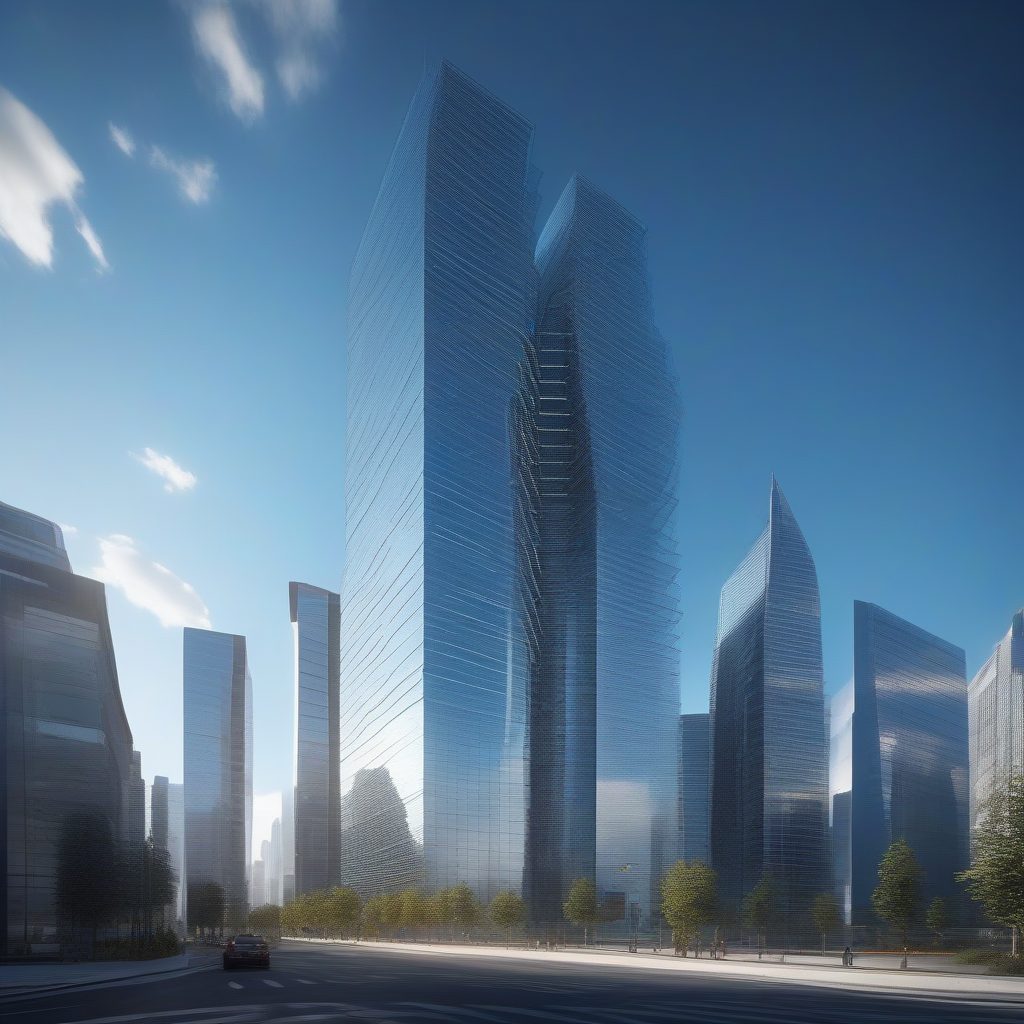 都会之巅：参数化玻璃幕墙的现代摩天大楼渲染图