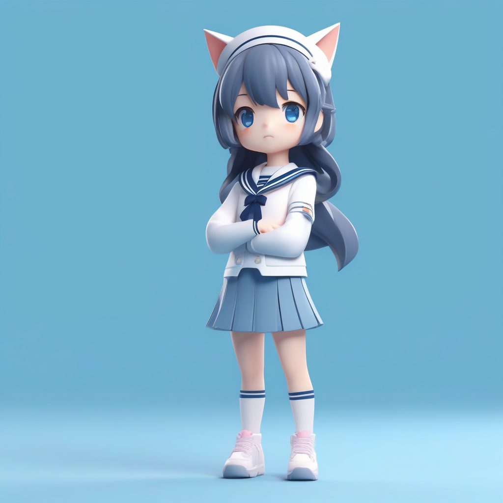 独家C4D渲染：Q版水手服猫耳娘盲盒手办全身站立照AI提示词
