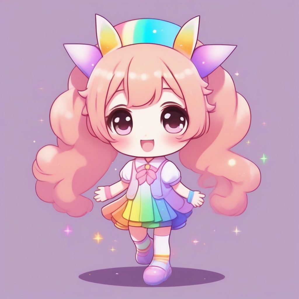 独角兽彩虹主题Q版女孩:闪光头发与彩虹袜,浅桃色背景