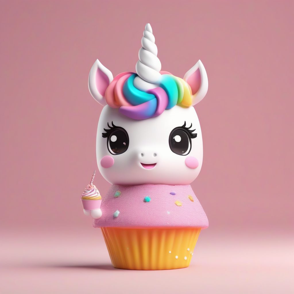 独角兽面包师Q版：手捧彩虹纸杯蛋糕的3D全身渲染图