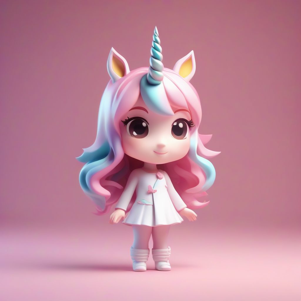 独角兽闪光Q版：粉色梦幻3D粘土手办全身渲染，纯粉背景