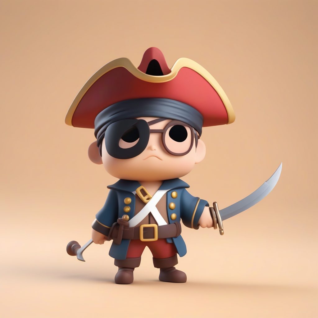 独眼海盗Q版手办：手持迷你弯刀，米黄色纯色背景