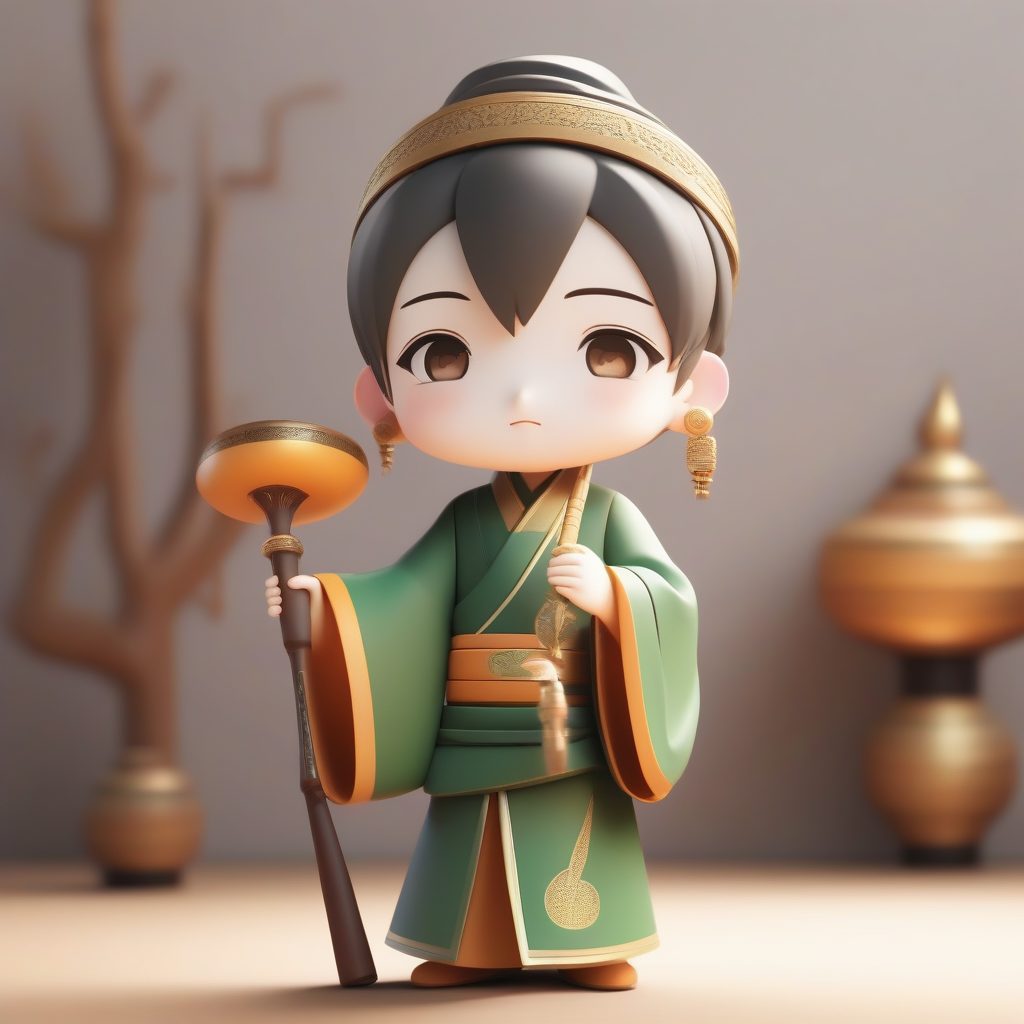 敦煌琵琶乐师Q版手办：优雅站姿与传统服饰，3D粘土材质AI提示词