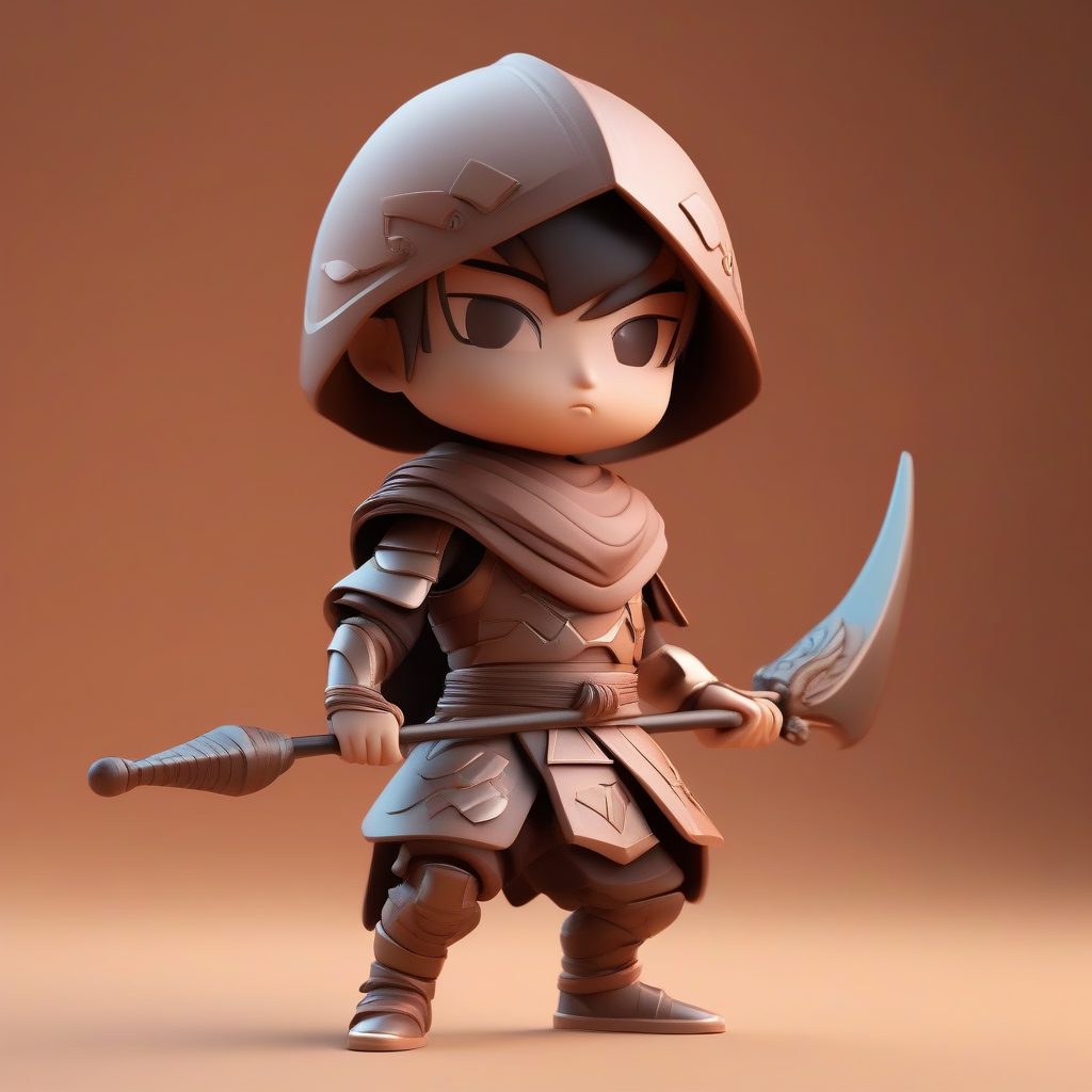 敦煌沙漠武士Q版盲盒：陶土色盔甲与青铜戟，高光阴影C4D渲染