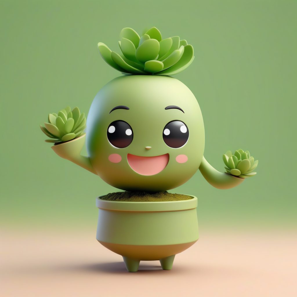 多肉植物Q版治愈系手办：橄榄绿纯色背景全身照