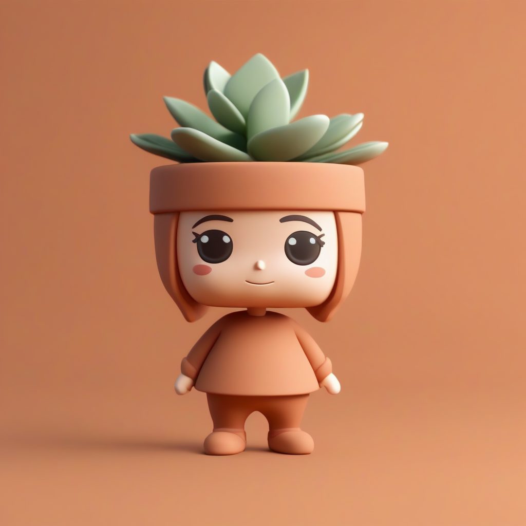 多肉植物小伴侣：赤陶土色背景下的C4D Q版全身图