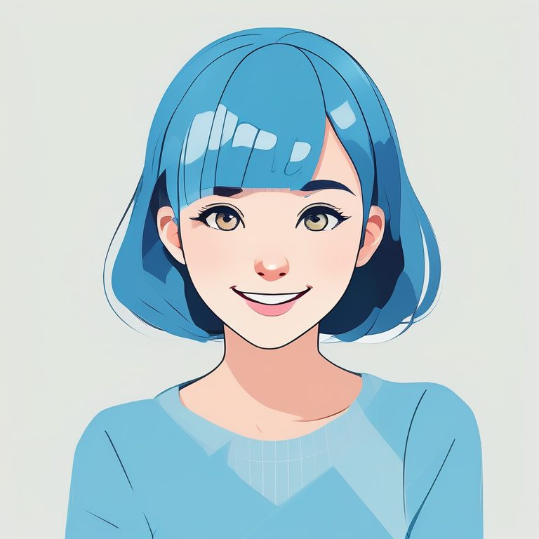二次元极简风格女孩肖像:蓝色短发少女微笑