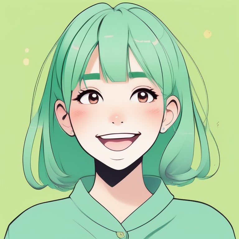 二次元极简风格女孩肖像:绿色短发少女灿烂大笑
