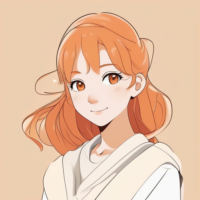 二次元极简风格女孩肖像：笑容温暖的橙发少女