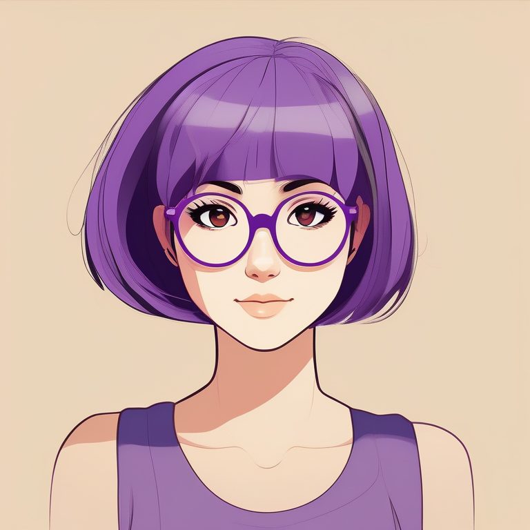 二次元极简风格女孩肖像：紫发眼镜女孩清新气质
