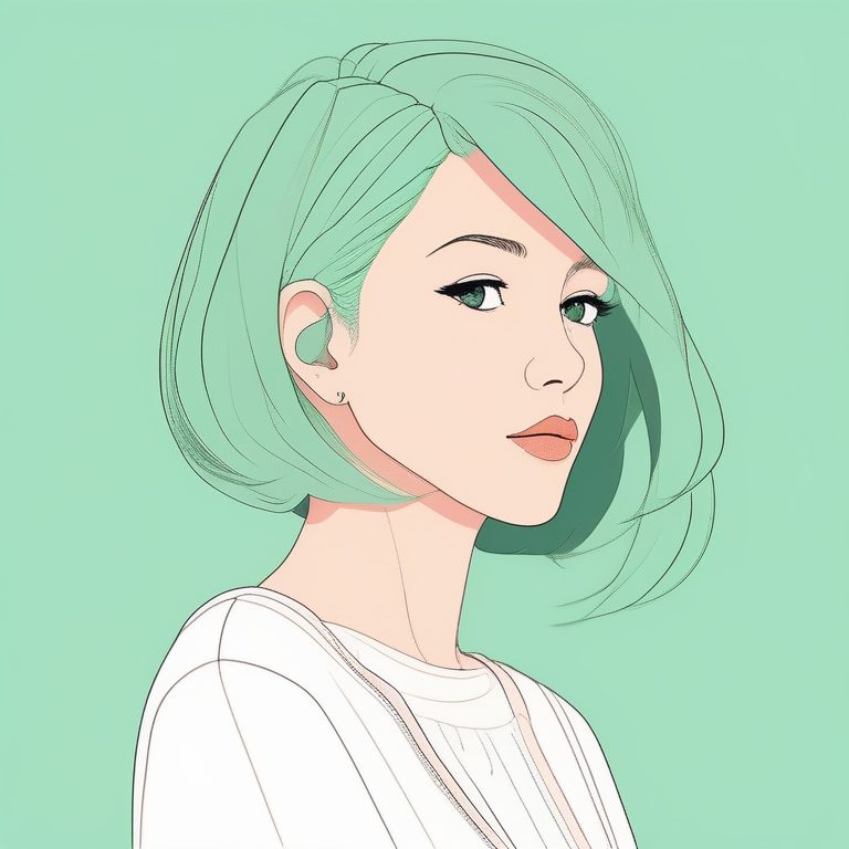 二次元极简风女孩,薄荷绿背景,侧脸俯视