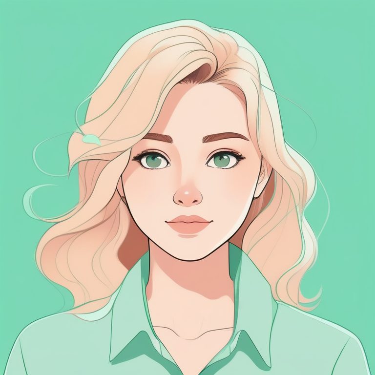 二次元极简少女肖像画:绿色背景上的温柔女孩