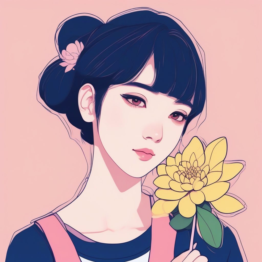 二次元线条画：拿着花的极简少女头像