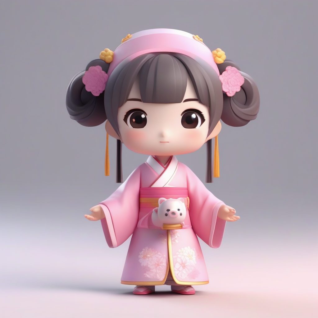 儿童版粉色汉服:Q版双髻少女3D渲染,超萌表情