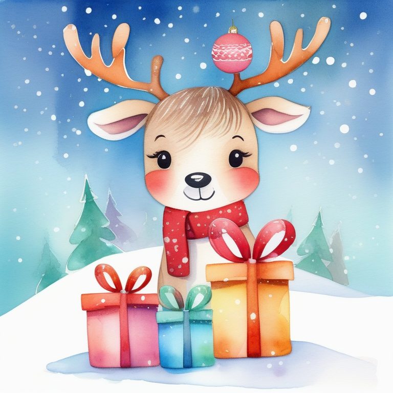 儿童插画风格的圣诞驯鹿与礼物