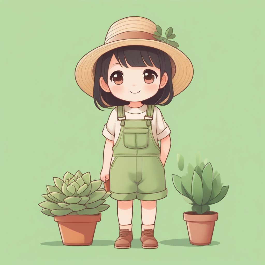 儿童绘本风多肉女孩：柔和光影Q版全身插画，浅绿背景