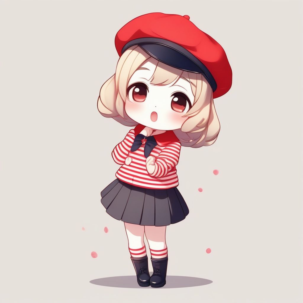 法式贝雷帽Q版时尚:条纹衫与红贝雷帽,优雅象牙白背景