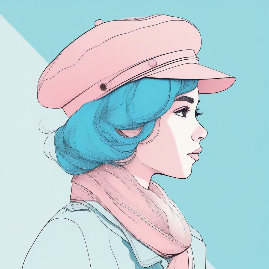 法式优雅：二次元极简风贝雷帽女孩，纯色背景