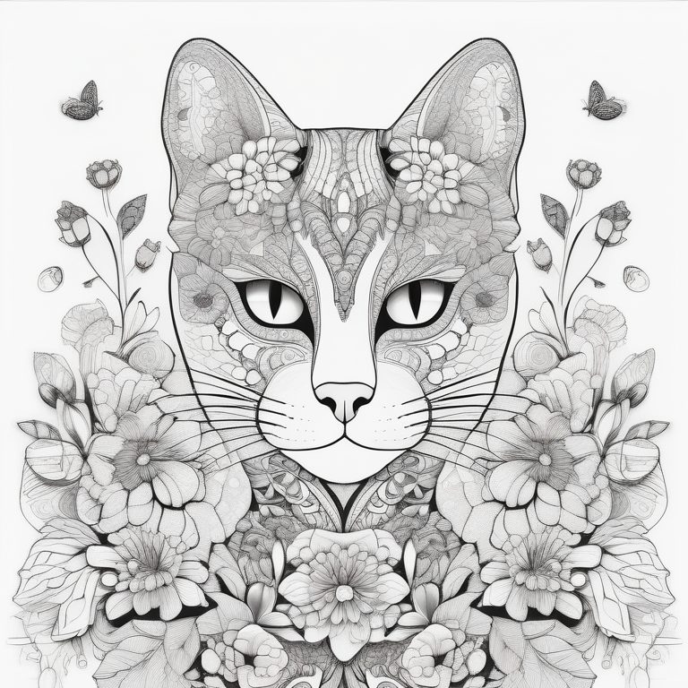 繁复禅绕风格的猫与花卉艺术