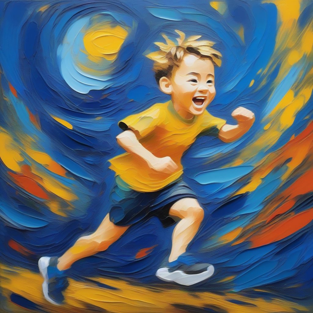梵高笔触下的Q版男孩：跑步中的动感全身肖像