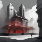 绯红迷雾下的超现实未来广场:精细线条与数字失真 4 fei hong mi wu xia de chao xian shi wei lai guang chang jing xi xian tiao yu shu zi shi zhen