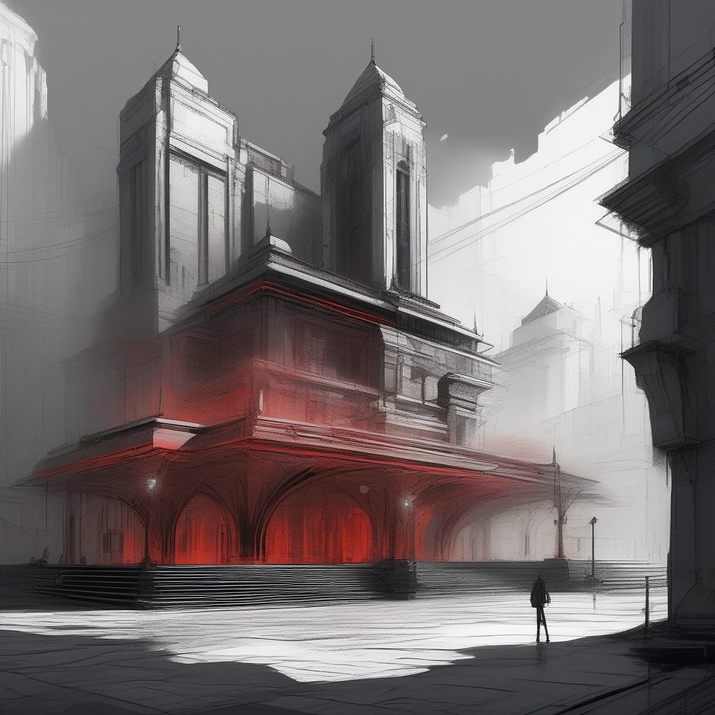 绯红迷雾下的超现实未来广场：精细线条与数字失真
