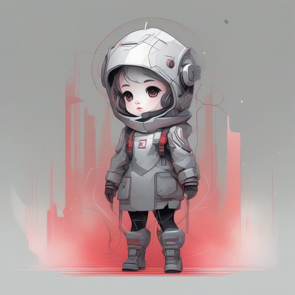 绯红迷雾中的未来派奇点：Q版机械少女的优雅墨线全身画