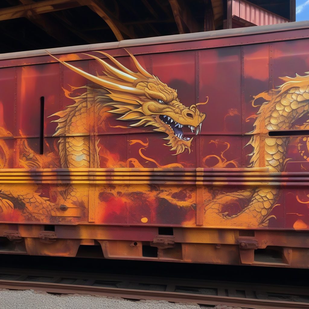 废弃火车上的东方喷火巨龙壁画：高饱和度涂鸦轰炸