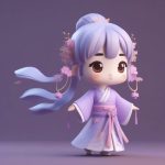 飞天仙子Q版盲盒:紫色汉服飘带3D渲染,梦幻光线追踪效果 7 fei tian xian zi q ban mang he zi se han fu piao dai 3d xuan ran meng huan guang xian zhui zong