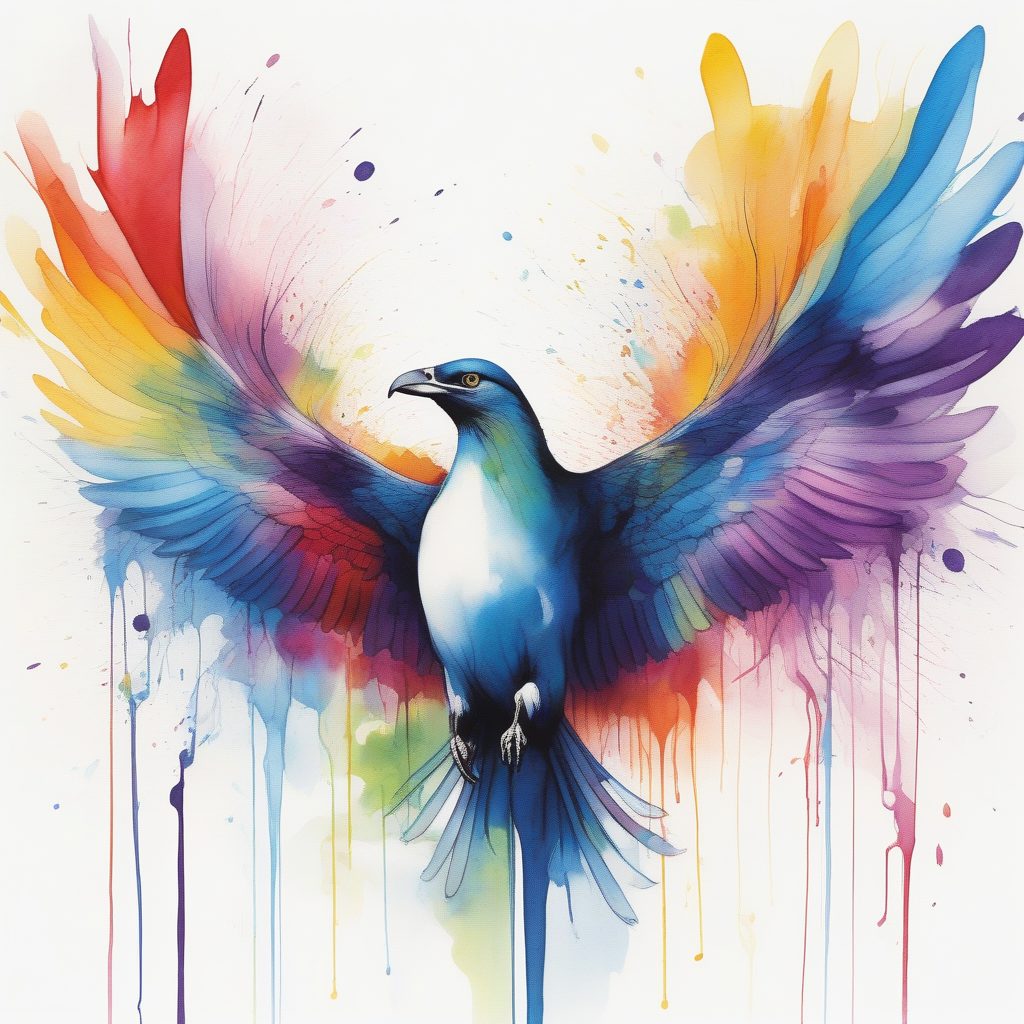 飞翔之翼：彩虹水彩晕染的几何抽象线条鸟