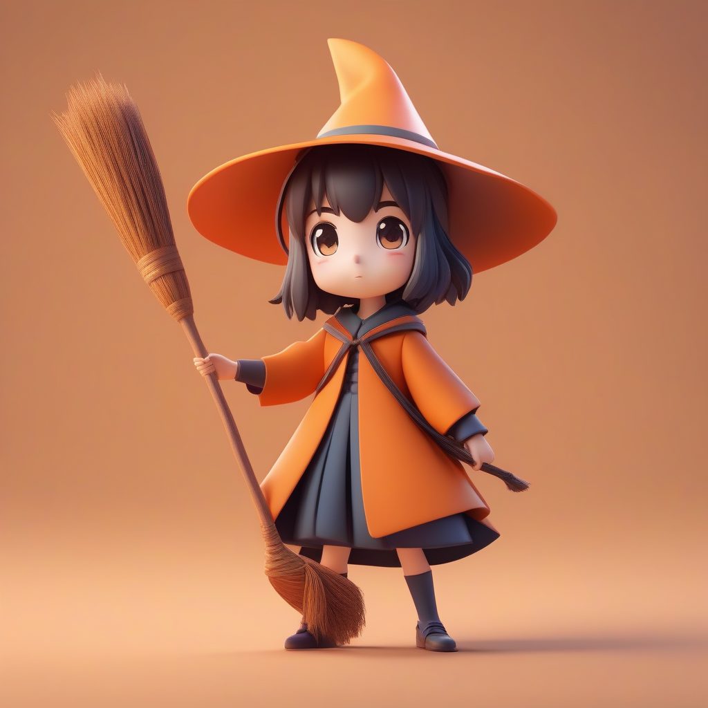 飞行扫帚小魔女全身像：高细节光追渲染橙色主题