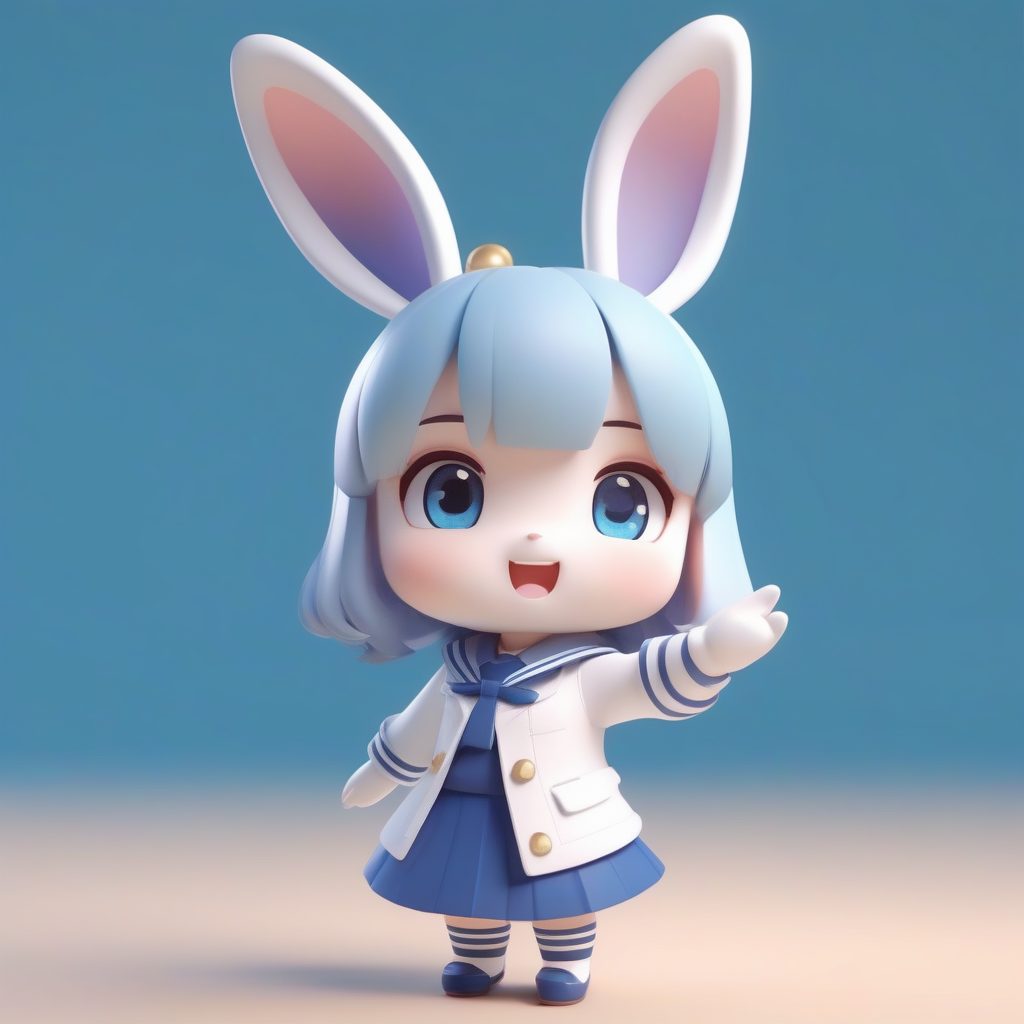 粉彩艺术:Q版兔耳水手服少女,卡哇伊盲盒全身提示词