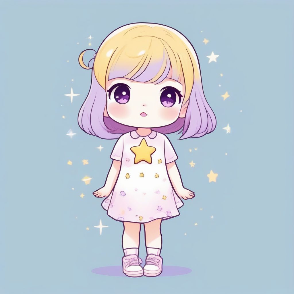 粉蓝星辰梦：Q版女孩手持星星插画，可爱圆形线条设计