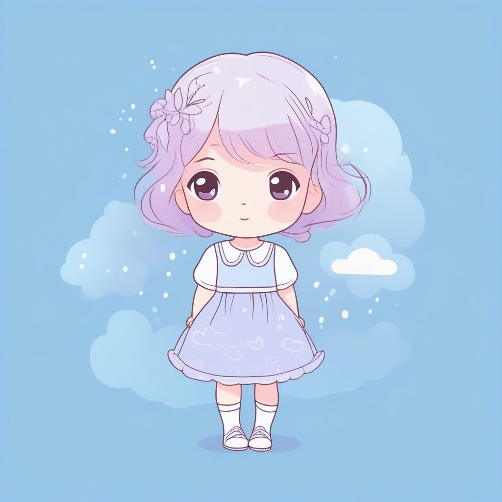 粉蓝云朵：悬浮跳跃Q版少女，柔和光影极简提示词