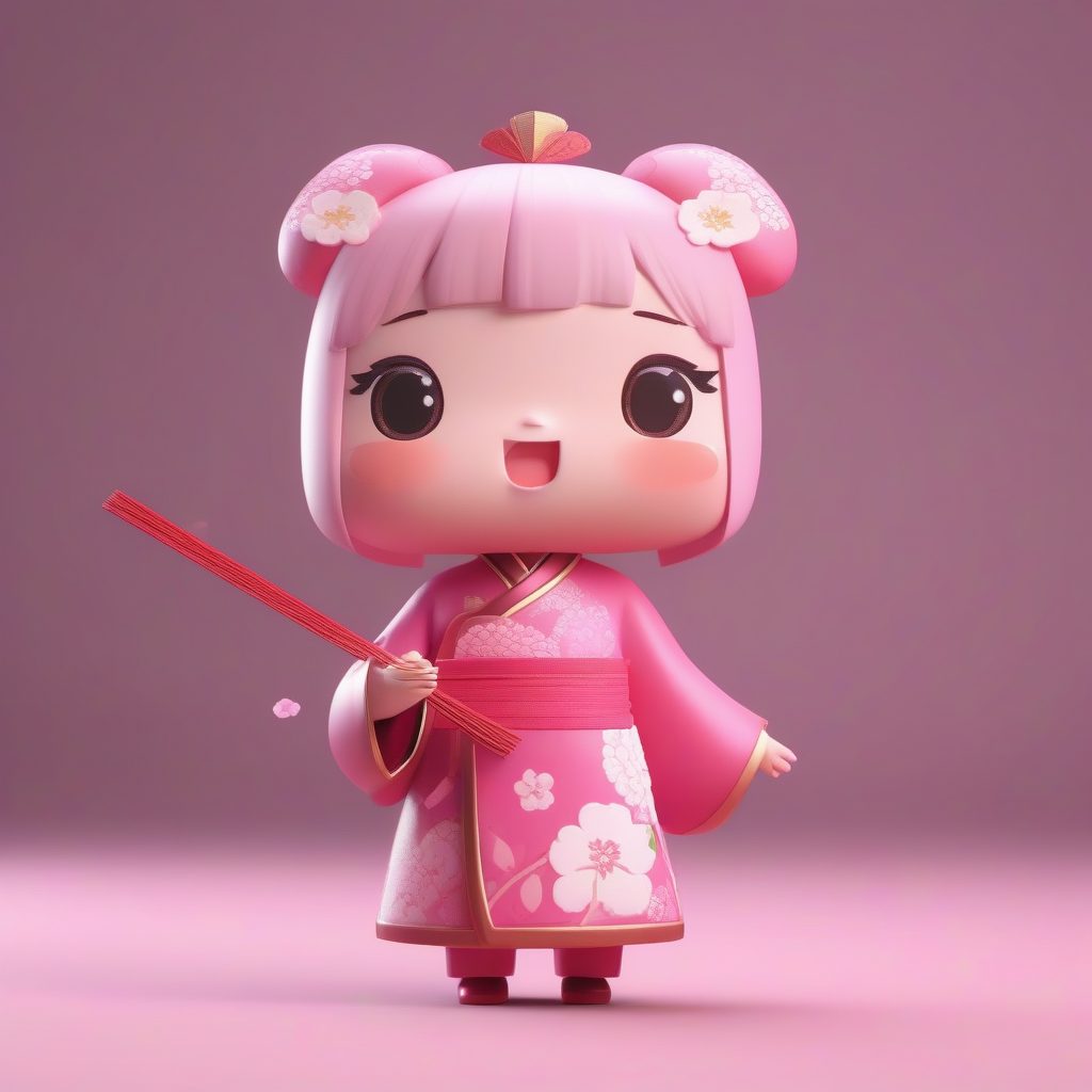 粉色俏皮旗袍少女：粘土Q版动态姿势，Octane渲染8K画质