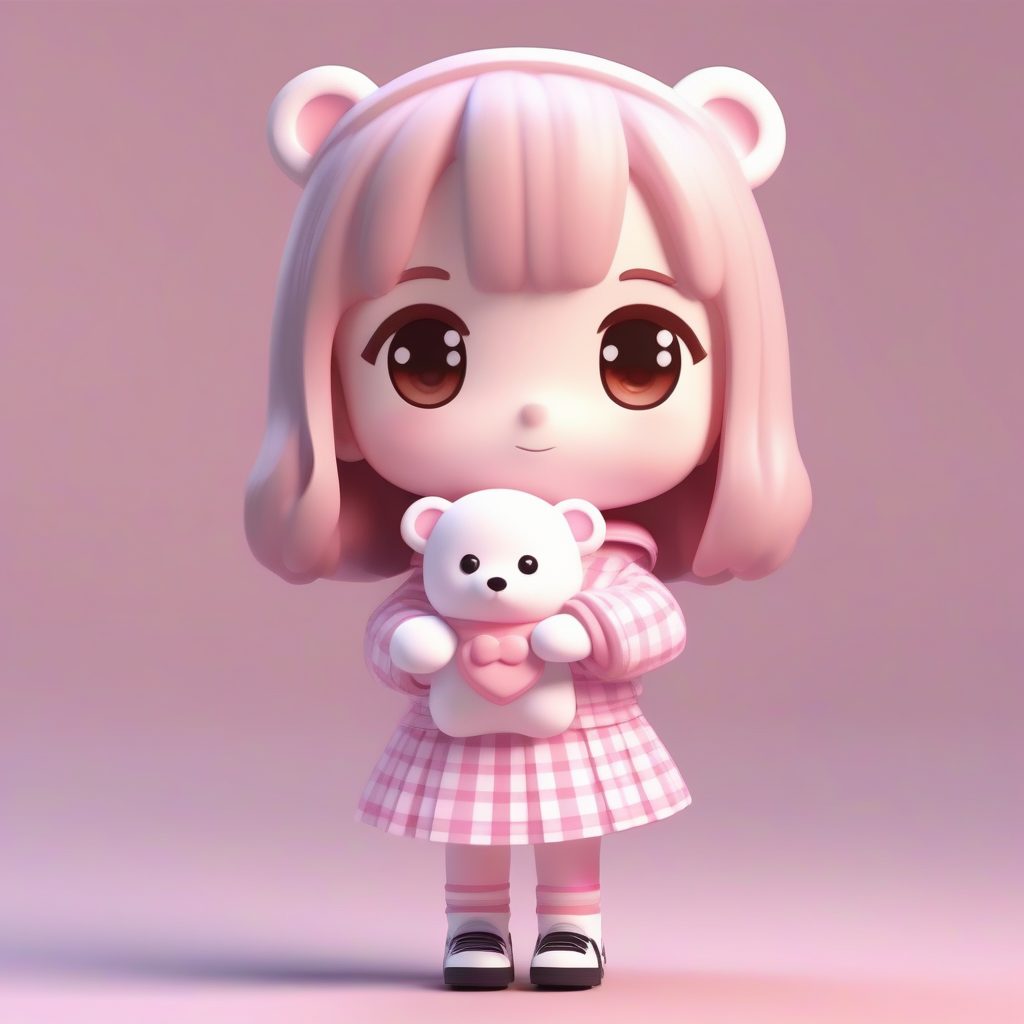 粉色甜心JK：高光粘土材质Q版人偶全身图，梦幻纯色背景