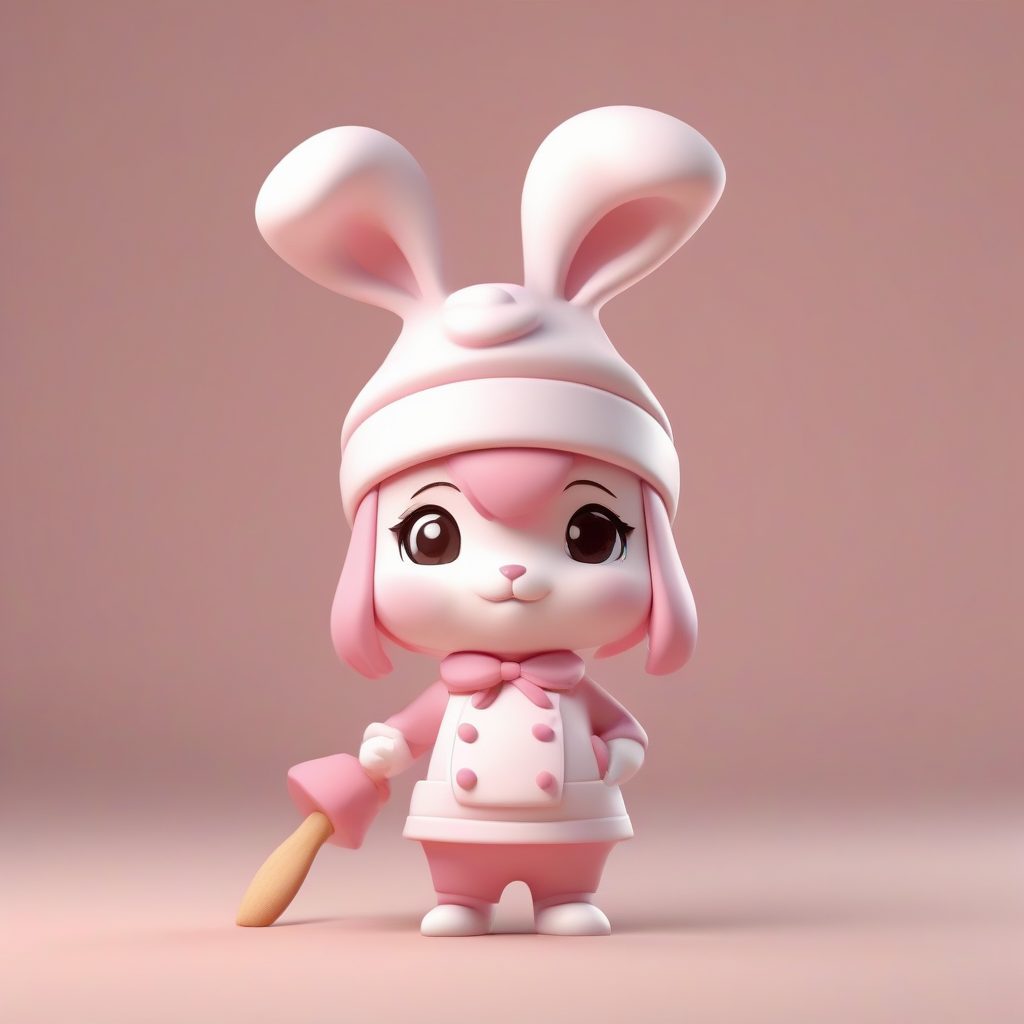 粉色兔子厨师Q版全身图：高细节3D甜点手办，奶油白背景提示词