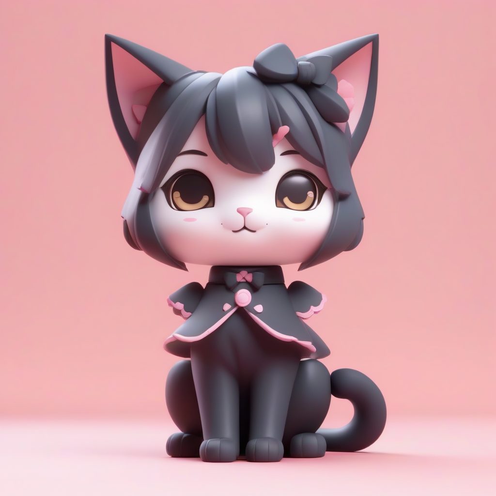 粉色系3D盲盒手办：卡哇伊猫耳女仆Q版站姿图AI提示词