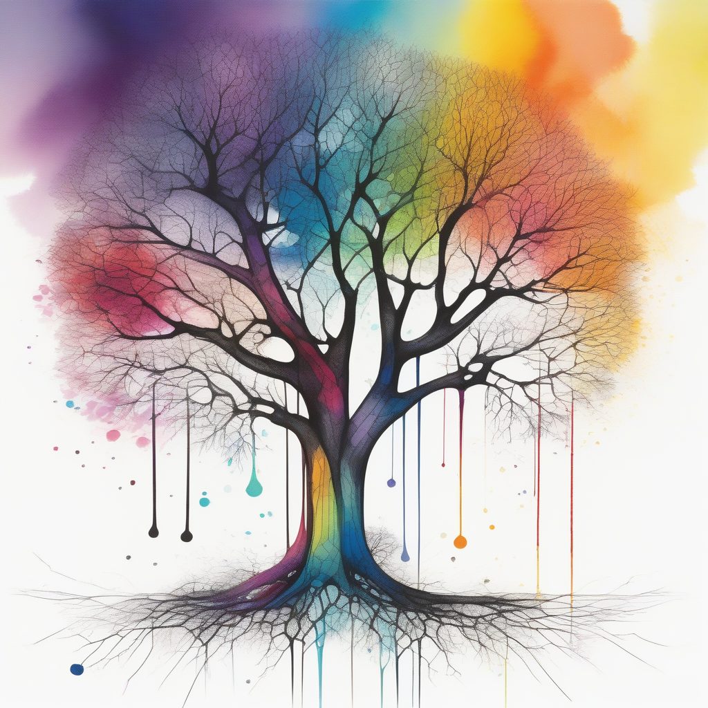 分形几何树:自然与抽象的彩虹水墨融合
