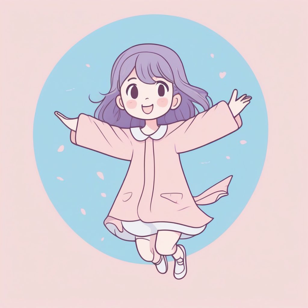 粉紫柔光：Q版女孩高举双手胜利跳跃，治愈系涂鸦插画