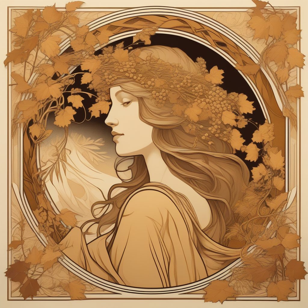 丰收的季节:阿尔丰斯·穆夏复古插画,金色麦穗与常春藤蔓