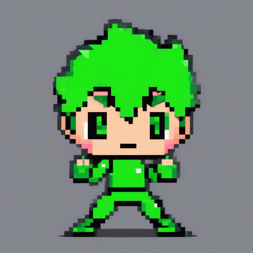复古16位像素艺术提示词：动态舞蹈Q版英雄与霓虹绿背景