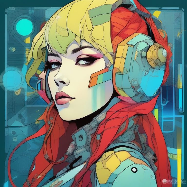 复古波普几何机器人少女肖像