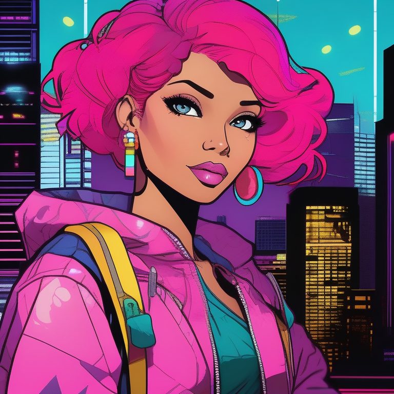 复古波普艺术少女与霓虹都市夜景