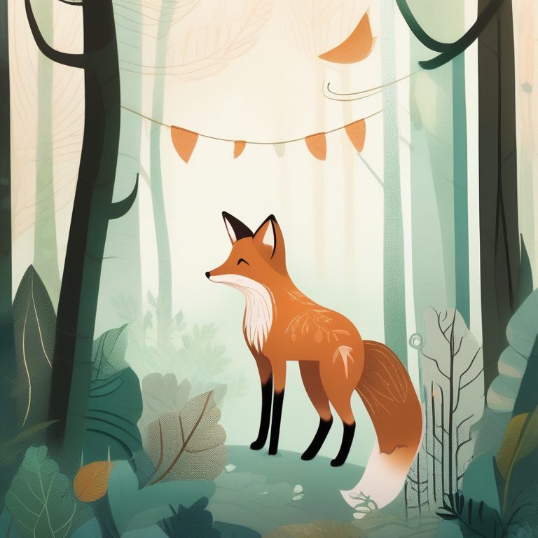 复古插画风格的森林中的狐狸