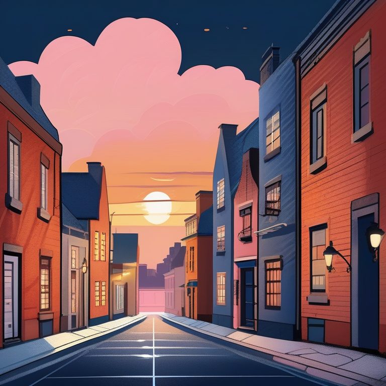 复古插画质感的小镇黄昏景观