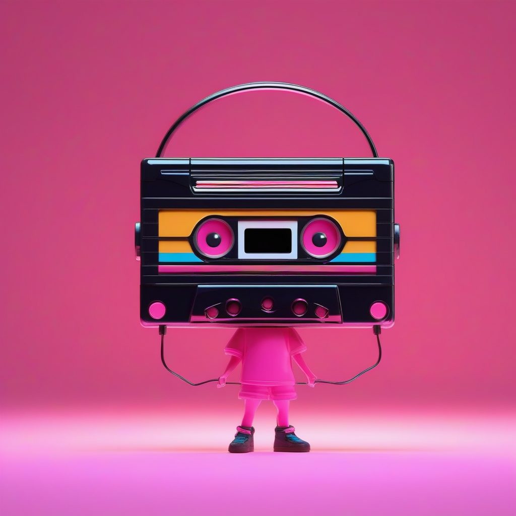 复古磁带Q版潮流人物：霓虹粉背景下的全身舞蹈姿势