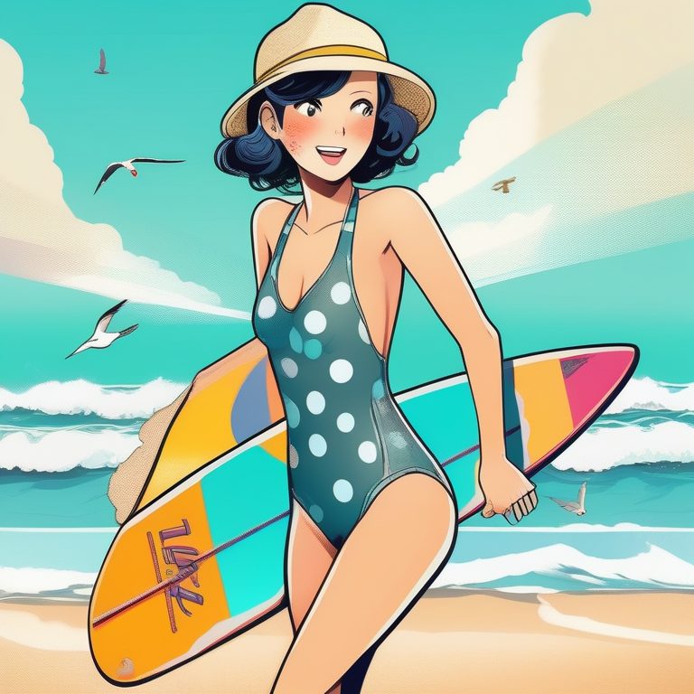 复古动漫风海滩少女与冲浪板