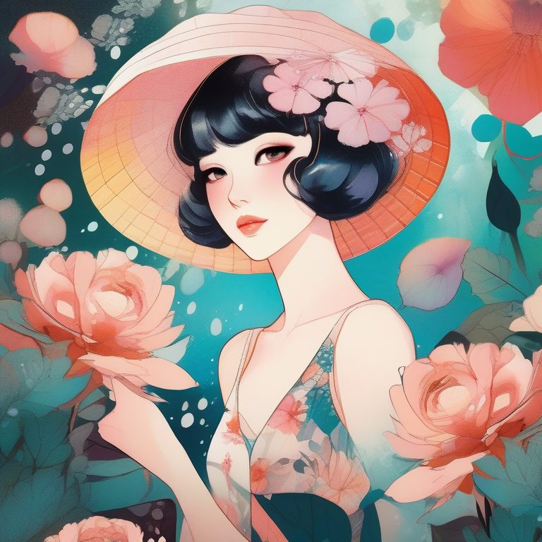 复古动漫风花园中的抽象花卉少女