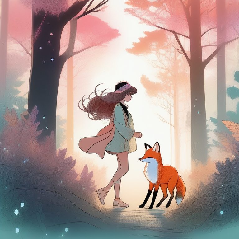 复古动漫风森林中的少女与狐狸
